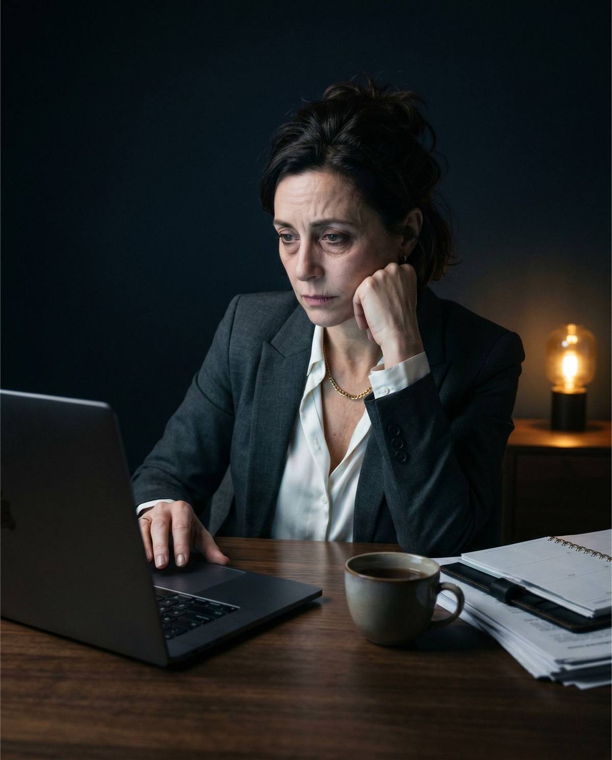 Professional woman at desk, visibly exhausted from sleep deprivation