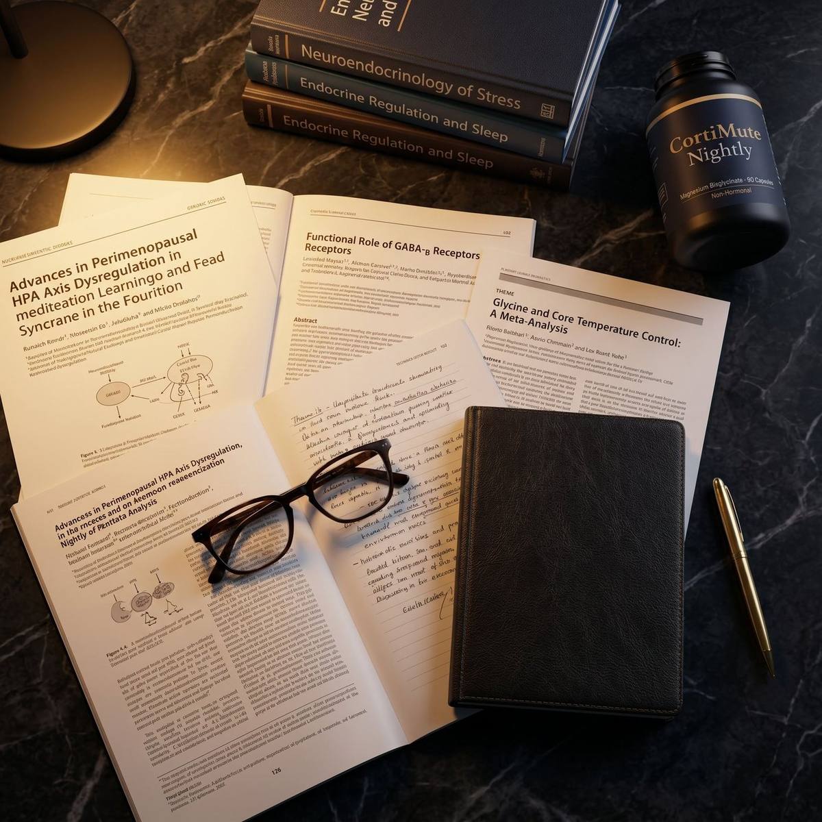 Research flatlay: neuroendocrinology and sleep science academic papers, handwritten notes, reading glasses, and CortiMute Nightly bottle on dark marble — the 18 months of research that led to the formula