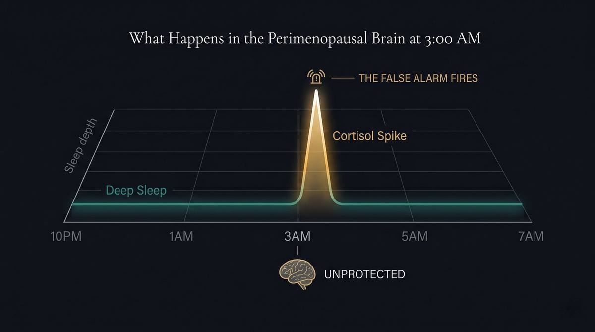 Chart showing deep sleep disrupted by a sharp cortisol spike at 3AM in the perimenopausal brain