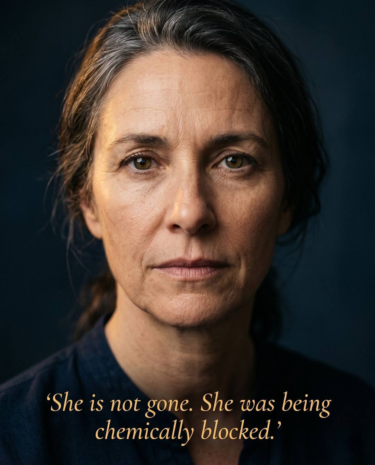 Close portrait of a woman in her late 40s looking directly at camera with quiet strength — She is not gone. She was being chemically blocked.