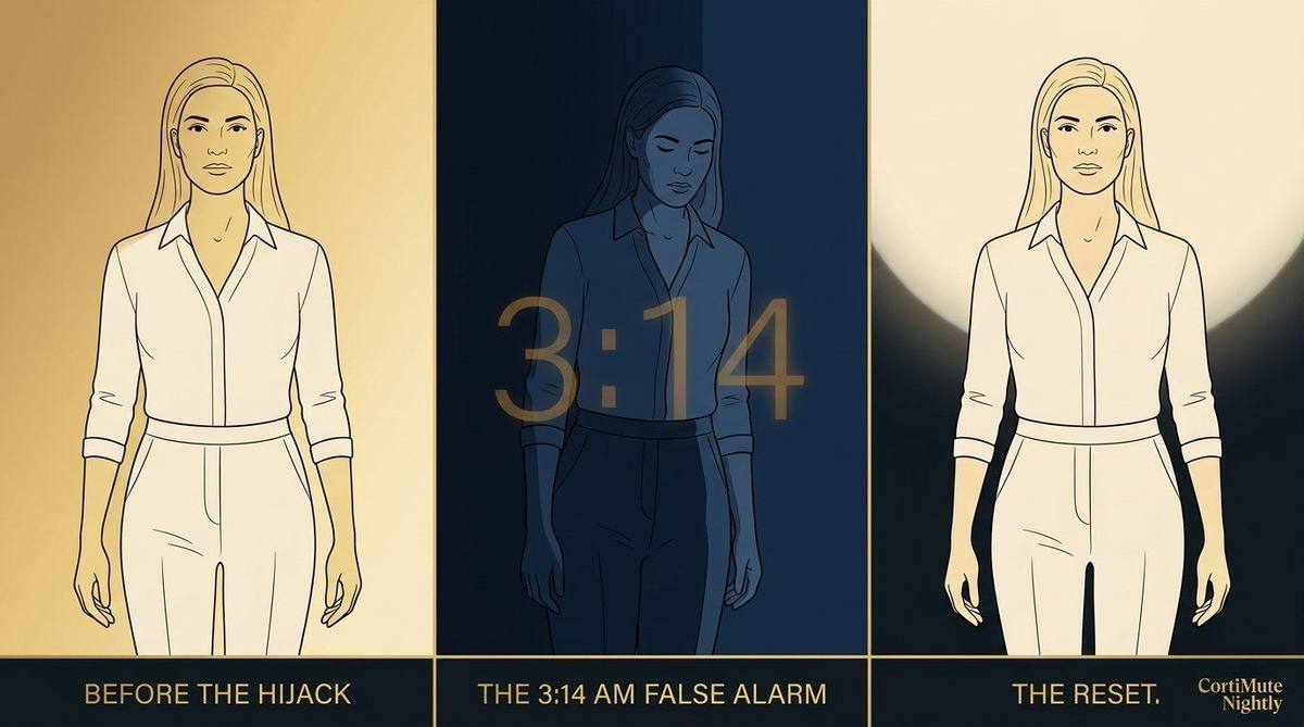 Three-panel illustration: Before the Hijack (woman standing confident in gold), The 3:14 AM False Alarm (woman in darkness with 3:14 overlay), The Reset (woman restored in warm light) — CortiMute Nightly