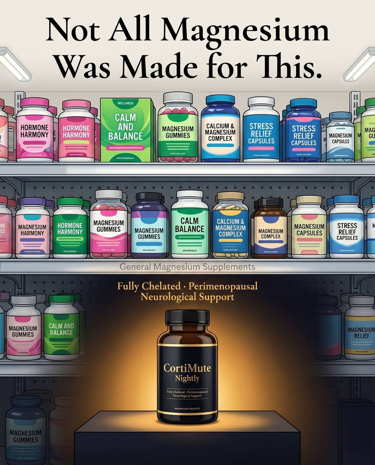 Drugstore shelf packed with generic hormone harmony blends, magnesium gummies and stress relief capsules above, CortiMute Nightly spotlit alone on a pedestal below — Not All Magnesium Was Made for This