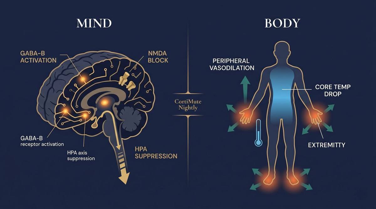 Dual-action mechanism diagram showing MIND (GABA-B activation, NMDA block, HPA suppression) and BODY (peripheral vasodilation, core temp drop) effects of CortiMute Nightly