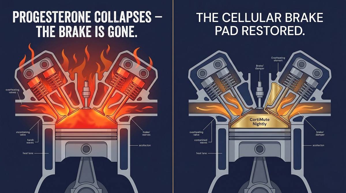 Engine diagram: left side on fire (Progesterone Collapses — The Brake Is Gone), right side controlled with CortiMute Nightly (The Cellular Brake Pad Restored)