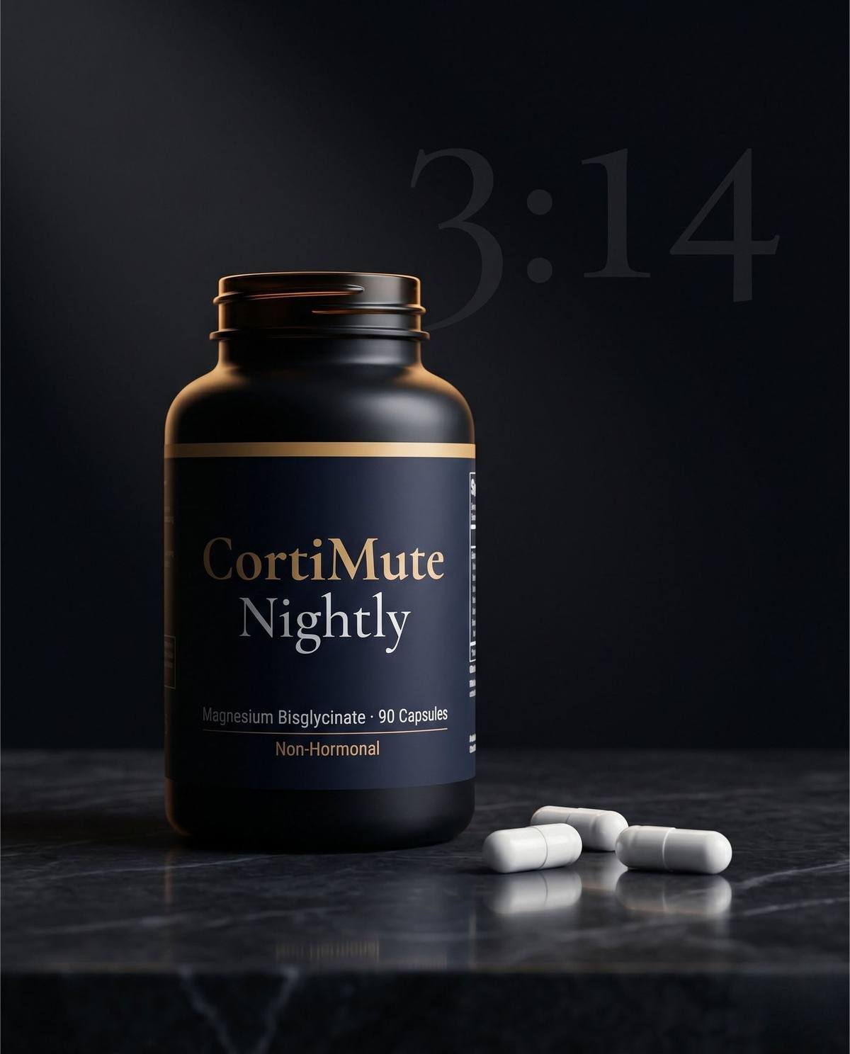 CortiMute Nightly — Magnesium Bisglycinate 90 Capsules, Non-Hormonal, in matte black bottle with three capsules on marble surface