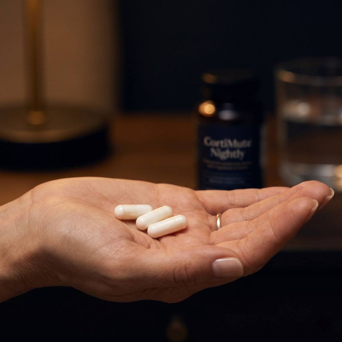 Three CortiMute Nightly capsules held in a woman's hand, bottle and glass of water in background