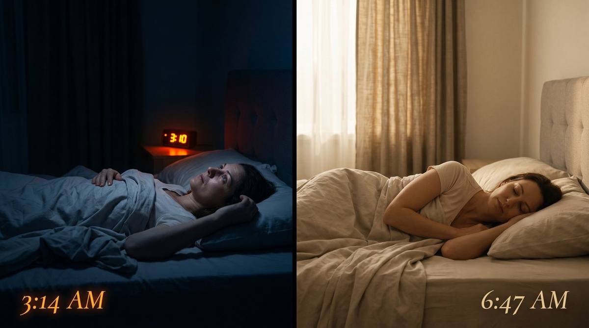 Before and after: woman awake at 3:14 AM (left, dark bedroom, red clock) and woman sleeping peacefully at 6:47 AM (right, warm morning light)