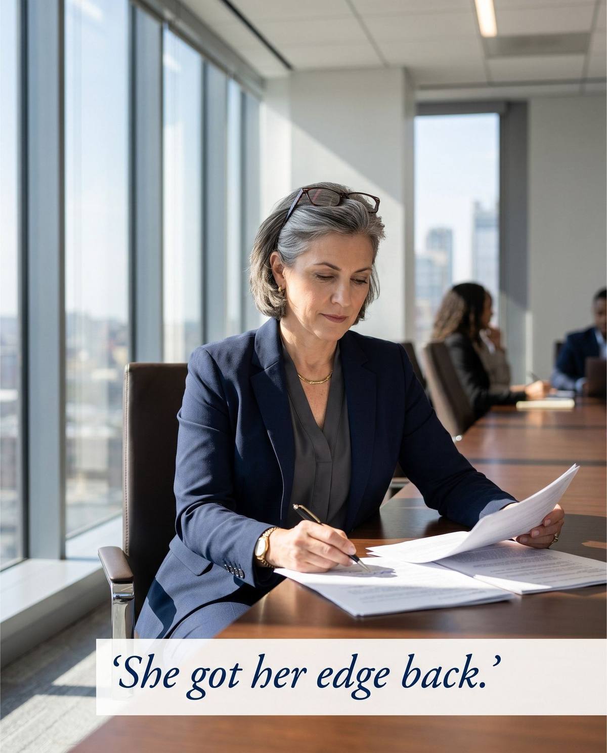 Silver-haired professional woman in boardroom, focused and composed — She got her edge back
