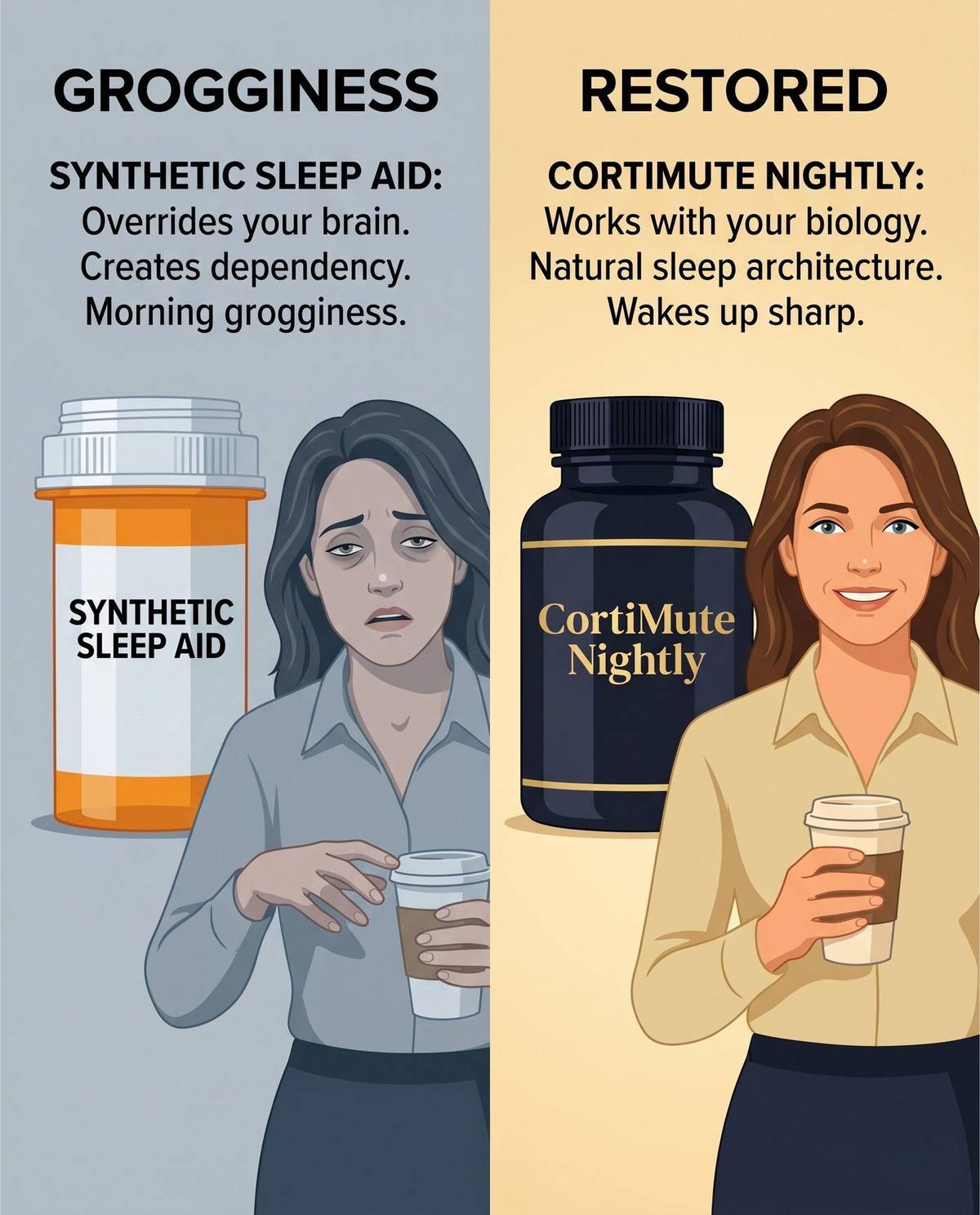 Split comparison: Synthetic Sleep Aid causes grogginess, overrides brain, creates dependency vs CortiMute Nightly works with biology, natural sleep architecture, wakes up sharp