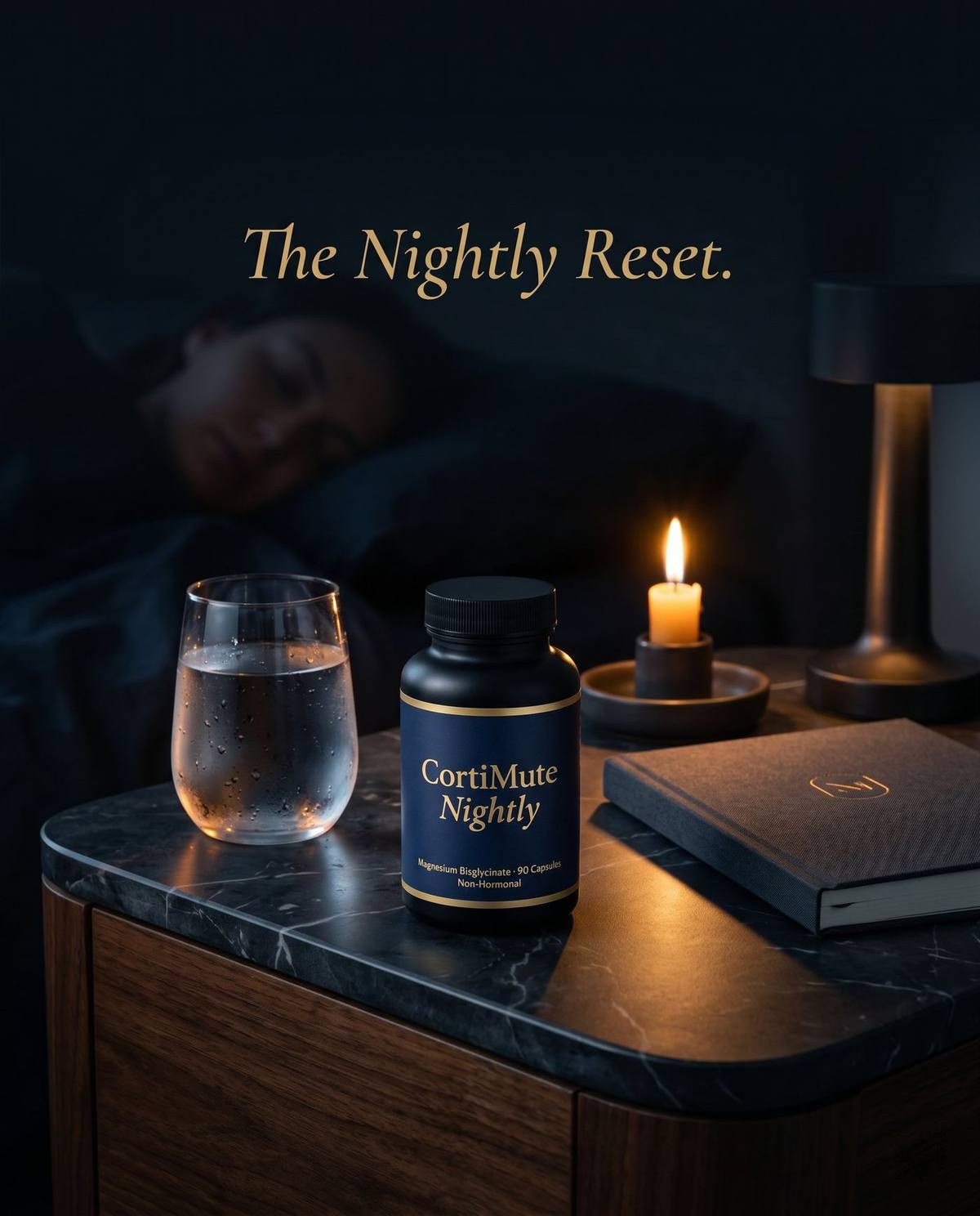 CortiMute Nightly bottle on marble nightstand beside a glass of water and candle, woman sleeping peacefully in background — The Nightly Reset