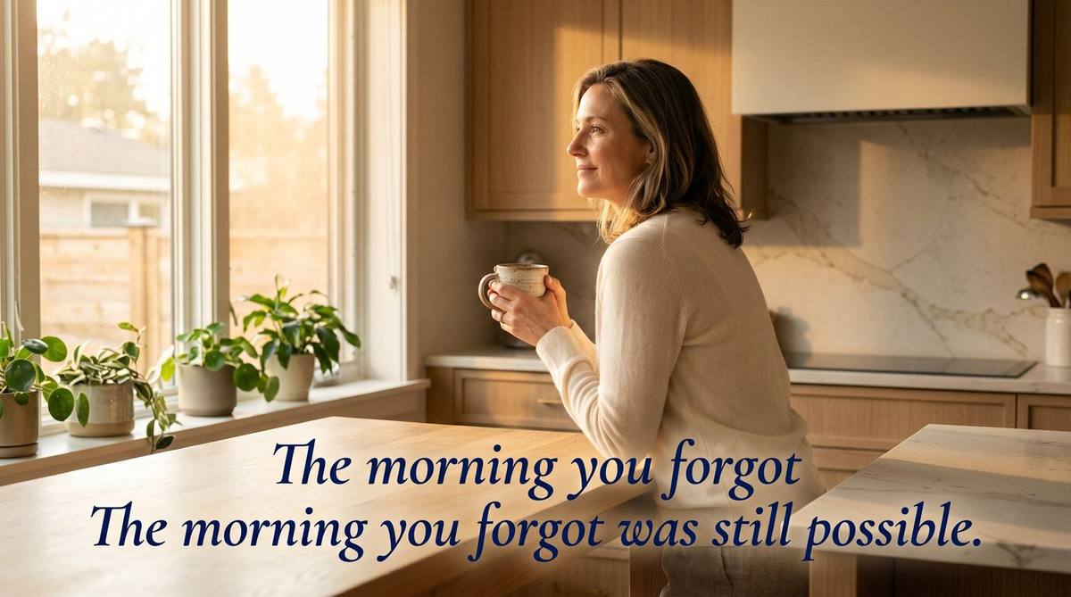 Woman standing in sunlit kitchen holding coffee, looking peacefully out the window — The morning you forgot the morning you forgot was still possible